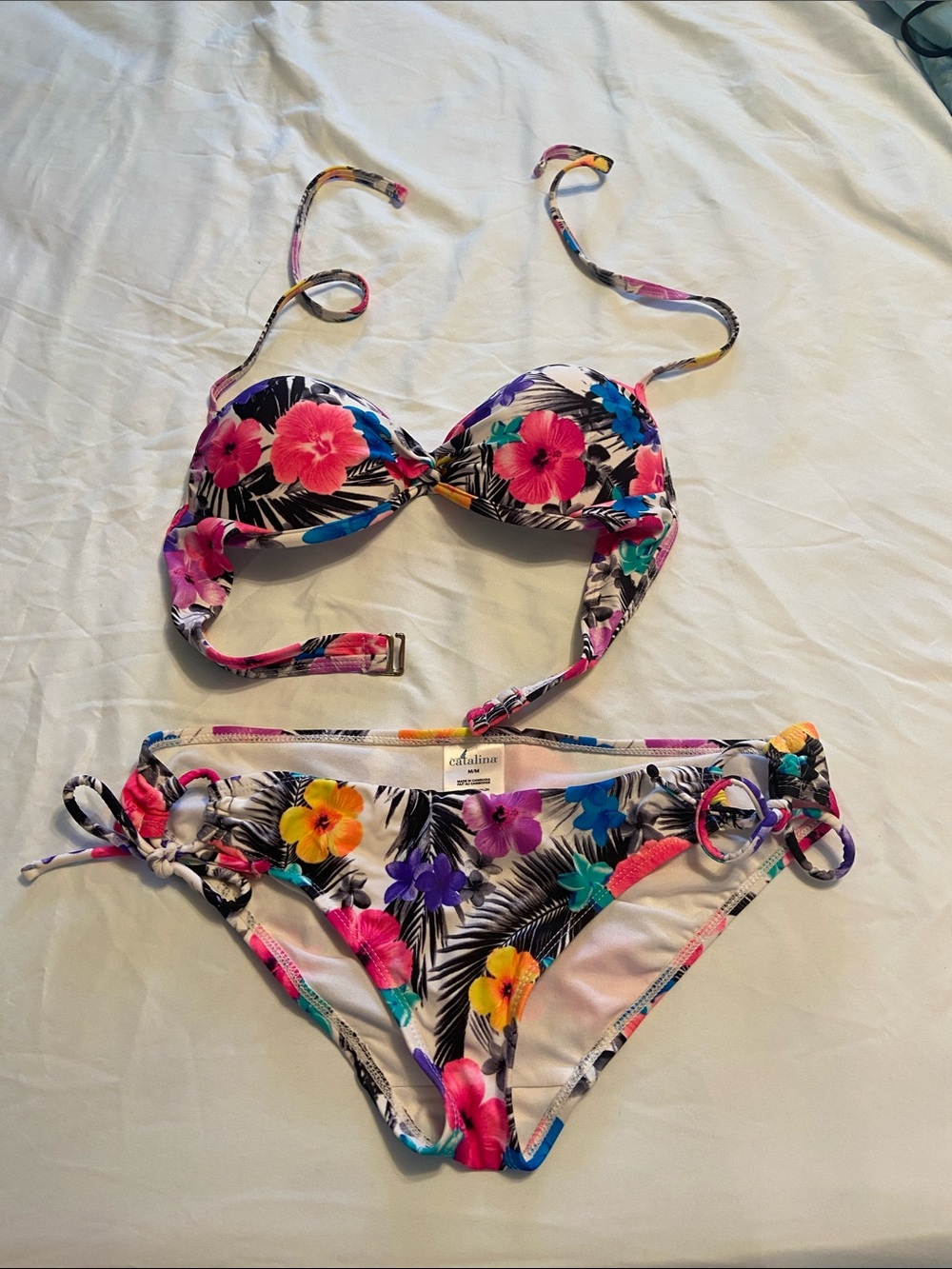 Catalina White Floral Push-Up Bikini with Multicolor Flowers